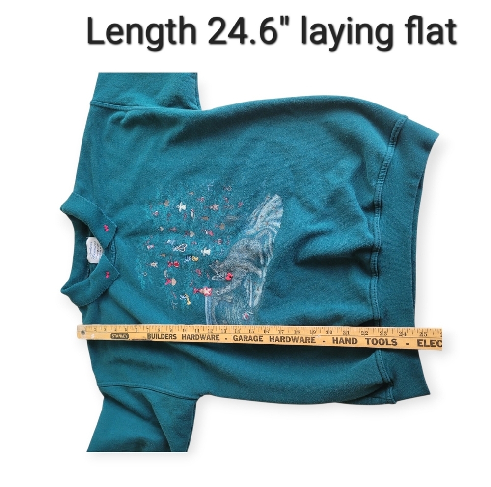 Vintage Northern Treasures Green Cat Graphic Collared Sweatshirt size S small - Picture 10 of 11